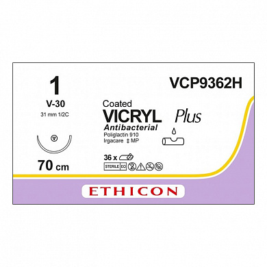 Шовный материал ВИКРИЛ ПЛЮС 1 70 см. фиолетовый Кол.-реж. 31 мм. 1/2 Ethicon