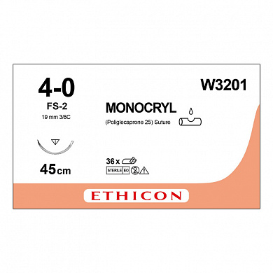 Шовный материал МОНОКРИЛ 4/0, 45 см, неокрашенный Обр.-реж. 19 мм, 3/8 Ethicon