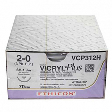 Шовный материал ВИКРИЛ ПЛЮС 2/0 70 см. фиолетовый Кол. 22 мм. уплощенный кончик, 1/2 Ethicon