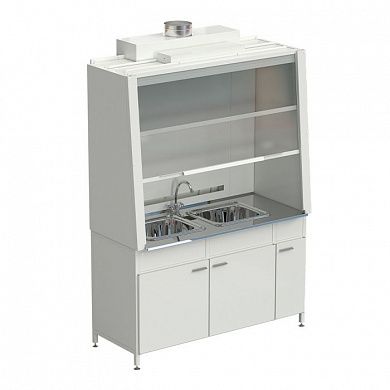 Шкаф вытяжной с двойной мойкой и ВЗБ светильником 1520х750х2160 мм, рабочая поверхность - нержавеющая сталь