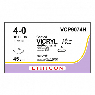 Шовный материал ВИКРИЛ ПЛЮС 4/0 45 см. фиолетовый  Кол. 17 мм. 3/8 Ethicon