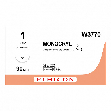 Шовный материал МОНОКРИЛ 1, 90 см, фиолетовый Обр.-реж. масс. 40 мм, 1/2 Ethicon