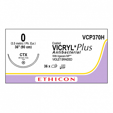 Шовный материал ВИКРИЛ ПЛЮС 0 90 см. фиолетовый Кол. массивная 48 мм. 1/2 Ethicon