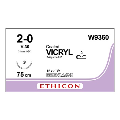 Шовный материал ВИКРИЛ 2/0. 75 см фиолетовый Кол.-реж. 31 мм. 1/2 Ethicon