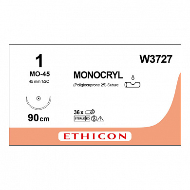 Шовный материал МОНОКРИЛ 1, 90 см, фиолетовый Кол.масс. 45 мм, 1/2 Ethicon