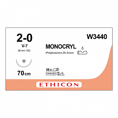 Шовный материал МОНОКРИЛ 2/0, 70 см, фиолетовый Кол.-реж. 26 мм, 1/2 Ethicon