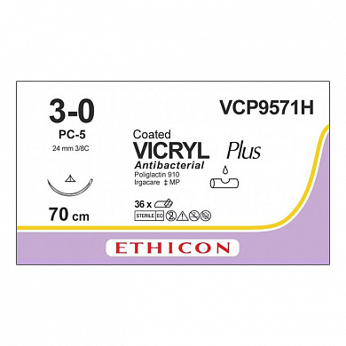 Шовный материал ВИКРИЛ ПЛЮС 3/0 70 см. не окрашен Прайм реж. 19 мм. 3/8 Ethicon