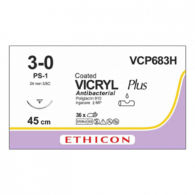 Шовный материал ВИКРИЛ ПЛЮС 3/0 45 см. не окрашен Обр.-реж. 24 мм. 3/8 Ethicon