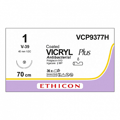 Шовный материал ВИКРИЛ ПЛЮС 1 70 см. фиолетовый Кол.-реж. 45 мм. 1/2 Ethicon