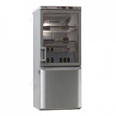 Холодильник комбинированный лабораторный ХЛ-250(ТС) ПОЗиС (170/80 л) с тонированной стеклянной дверью и дверью из металлопласта, серебро