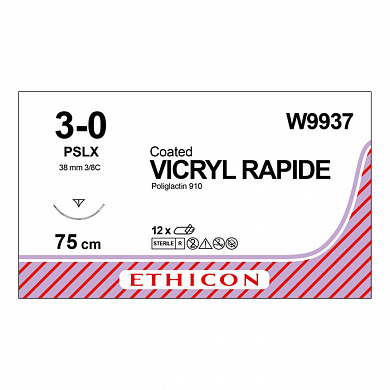 Шовный материал ВИКРИЛ РАПИД 3/0. 75 см.не окрашен Прайм обр .-реж. 36 мм. 3/8 Ethicon